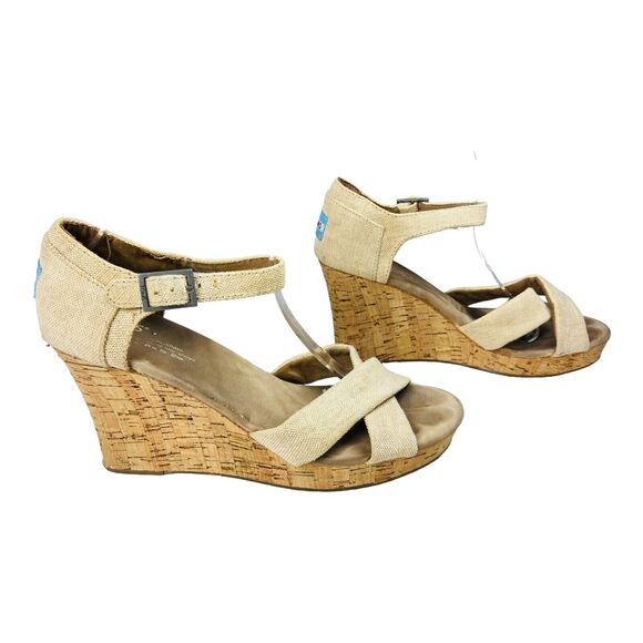 Toms Women's Tan High Heel Canvas Open Toe Cork Wedge Sandals W10 - Picture 2 of 10